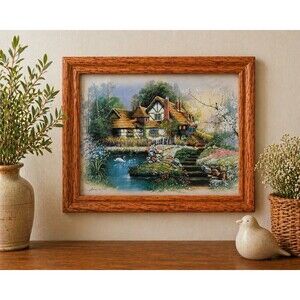 Vintage Andres Orpinas Cottage 1 Garden Swan Scene Framed Print Signed 11.5x9.5